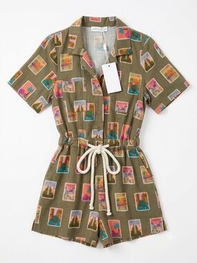 PETAL + PUP Sage Green postage-stamp print romper with rope belt BNWT